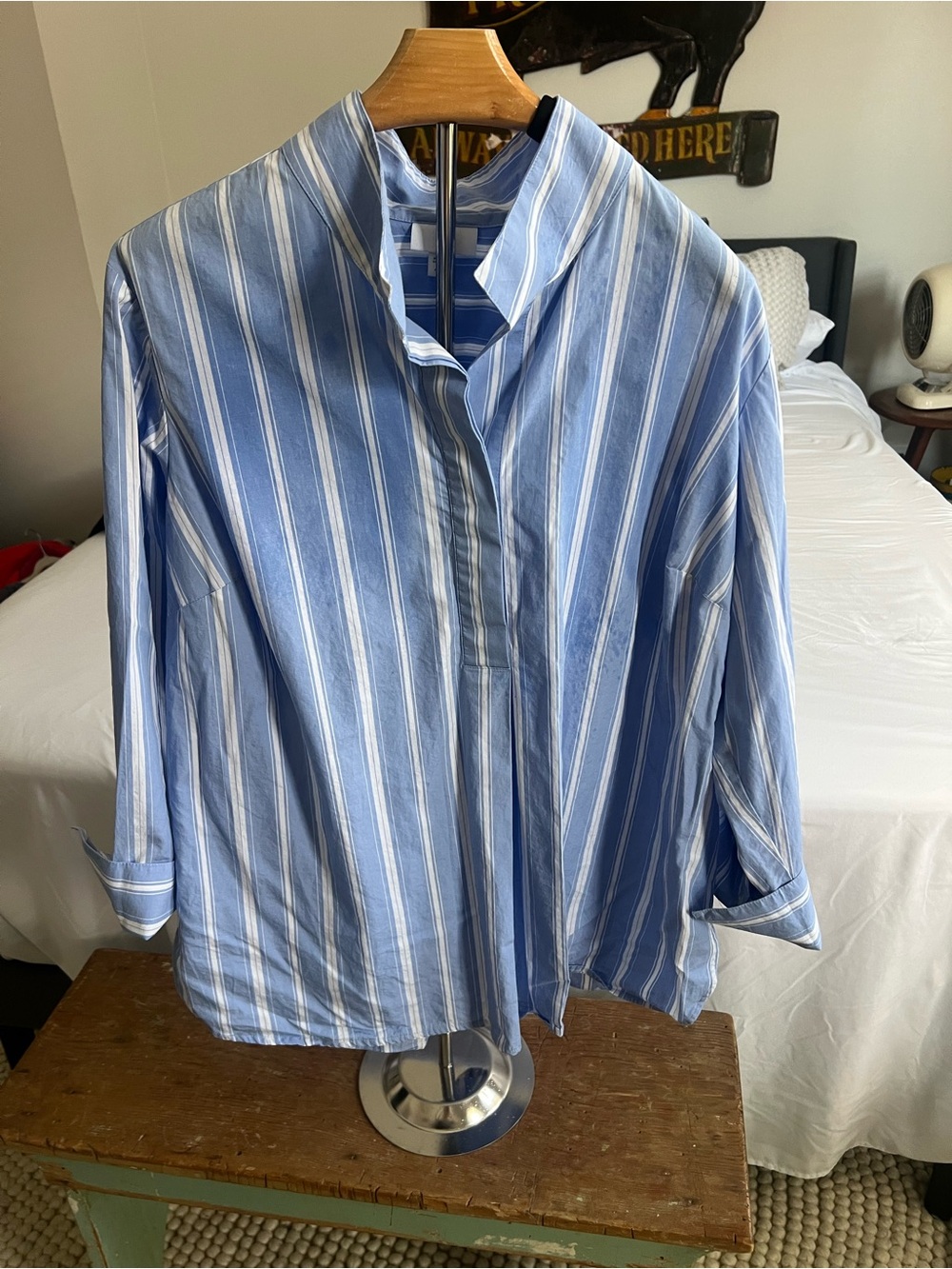 J. Jill Women Blue & White Striped Button-Front Loose Fit Shirt